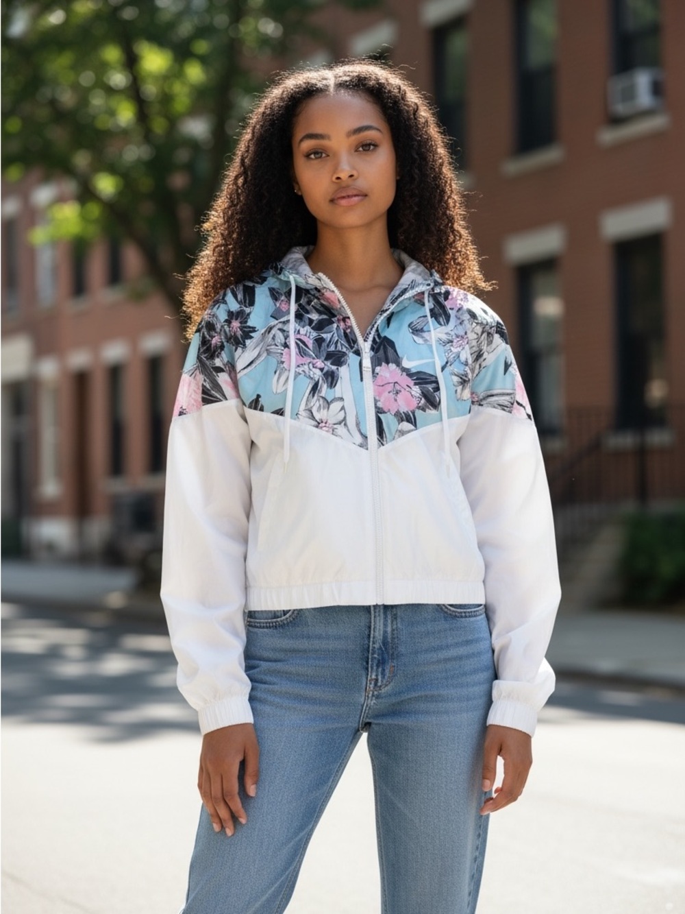 Nike Light Blue, Pink & White Floral Hooded Windbreaker Jacket
